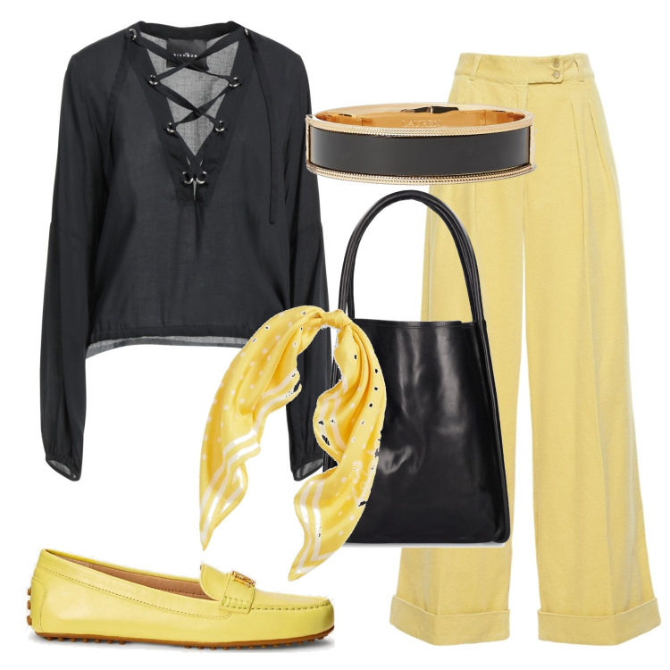 Outfit donna - Minimal. Stile Basic per Ufficio. Abbinamento con bluse, mocassini, foulard, braccialetti, pantaloni, shopping bag.