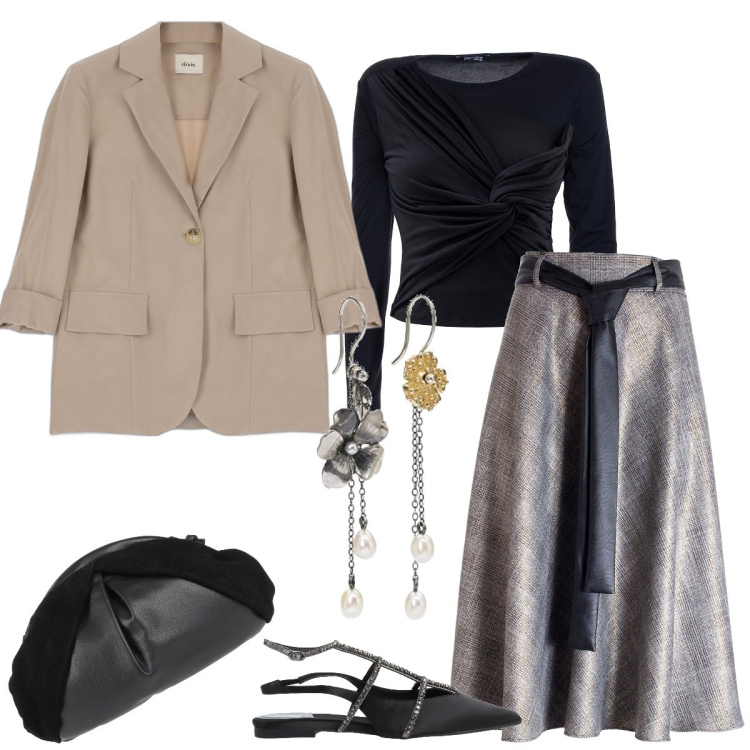 Outfit donna - La gonna a ruota. Stile Bon Ton per Serata fuori. Abbinamento con ballerine, borse a mano, blazer, t-shirt, gonne longuette, orecchini.