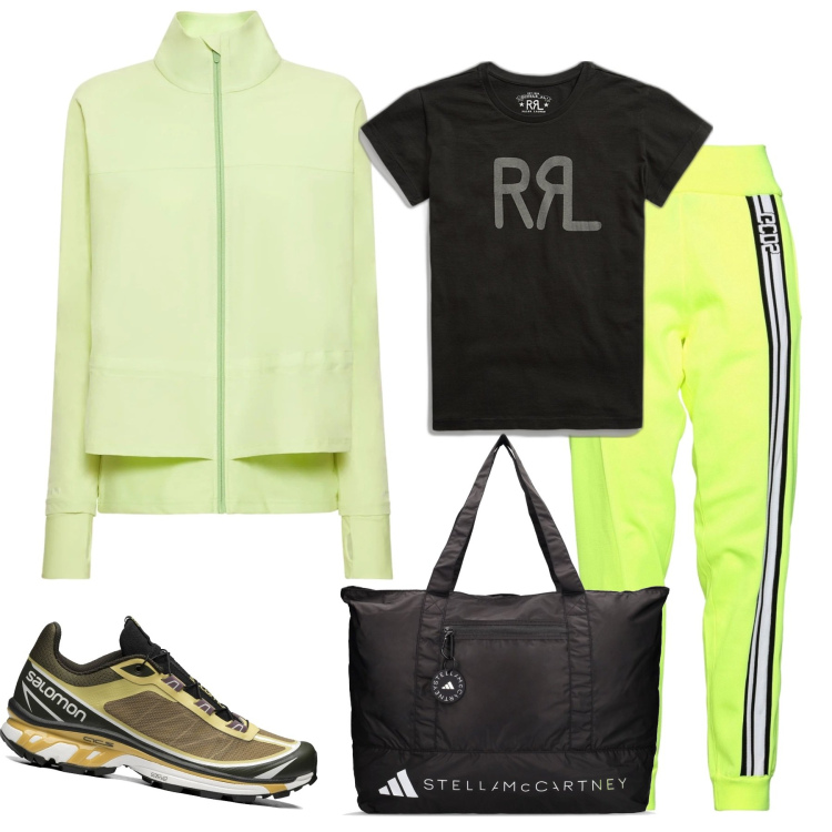 Outfit donna - Sporty class. Stile Basic per Tutti i giorni. Abbinamento con pantaloni, t-shirt, borse sportive, sneakers, giacche.