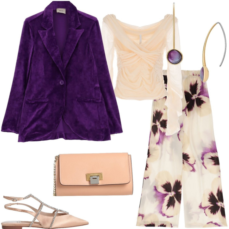 Outfit donna - Serata fuori. Stile Casual chic per Serata fuori. Abbinamento con ballerine, borse a tracolla, maglieria, pantaloni a palazzo, giacche, orecchini.