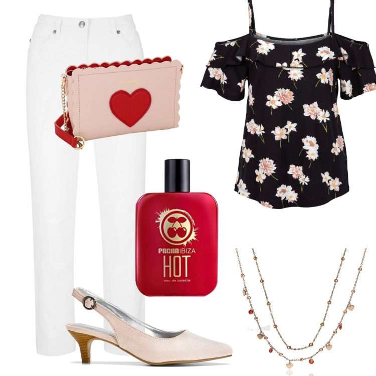 Outfit donna - Serata con le amiche. Stile Glamour per Serata fuori. Abbinamento con pantaloni, top, décolleté, collane, borse a tracolla, profumi.