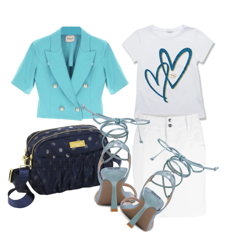 Outfit donna - Ghost outfitter - maggio. Stile Romantica per Tutti i giorni. Abbinamento con minigonne, giacche, sandali alla schiava, t-shirt, pochette.