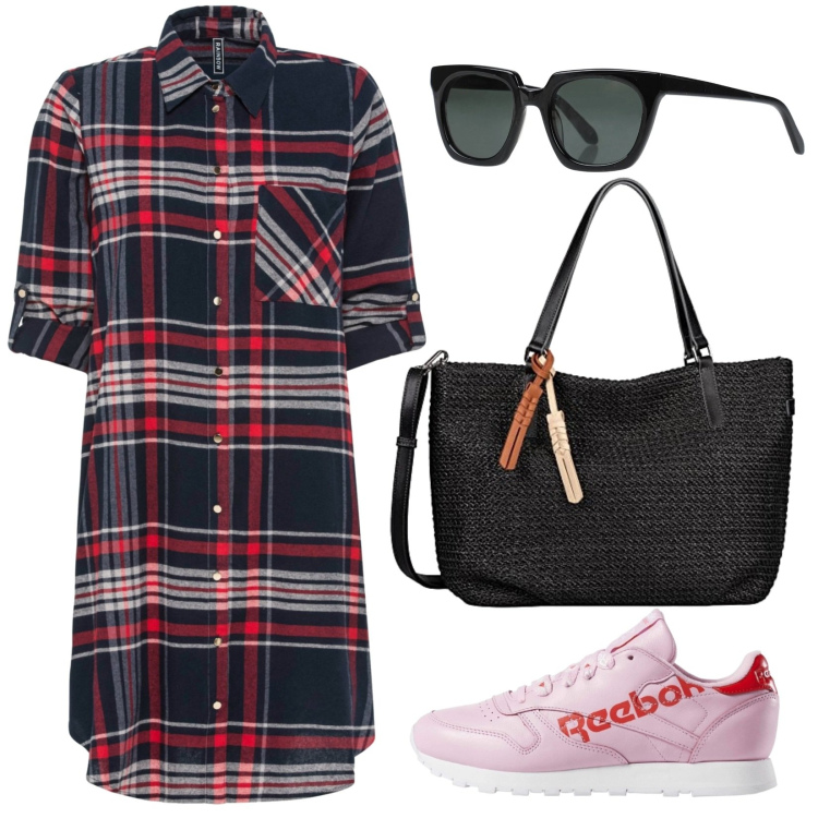 Outfit donna - A spasso. Stile Casual per Tutti i giorni. Abbinamento con vestiti chemisier, occhiali da sole, sneakers, borse a tracolla.