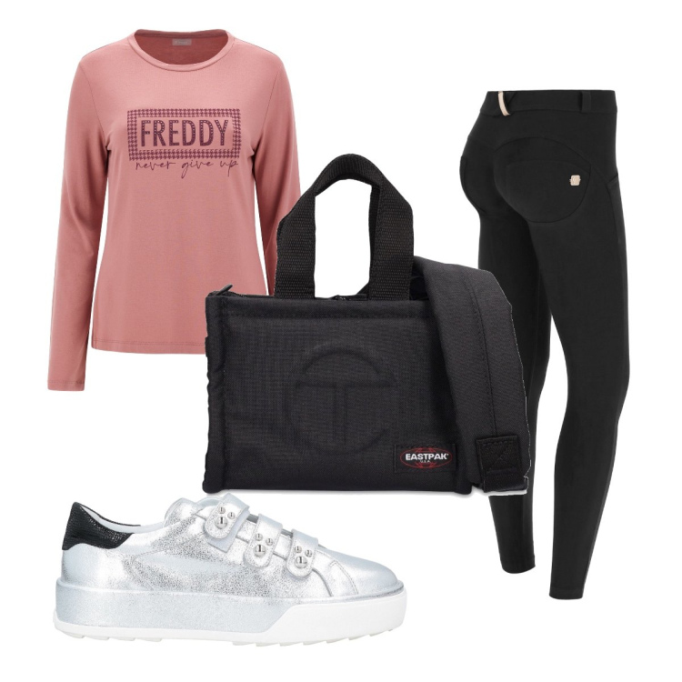 Outfit donna - Total look #1620881. Stile Trendy per Sport. Abbinamento con sneakers, pantaloni skinny, t-shirt, shopping bag.