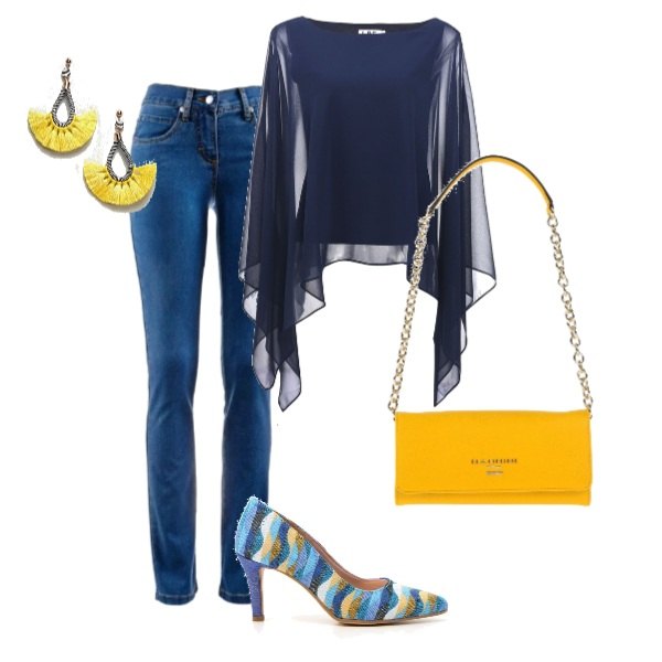 Outfit donna - L\'accento sui dettagli. Stile Trendy per Tutti i giorni. Abbinamento con jeans dritti, borsa a mano mini con manico interno foderato tinta unita, tunica lunga chiffon, décolleté, orecchini pendenti farfalla in denim con nappine.