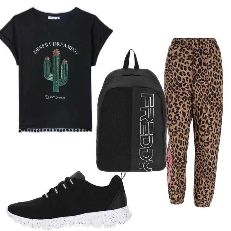 Outfit donna - Total look #1620945. Stile Trendy per Sport. Abbinamento con t-shirt, zaini, pantaloni, sneakers.