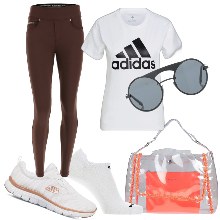 Outfit donna - Look sportivo. Stile Sporty chic per Tutti i giorni. Abbinamento con borse a mano, occhiali da sole, pantaloni skinny, calzini, sneakers, t-shirt.