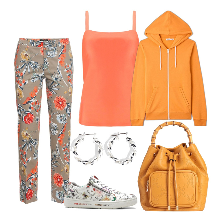 Outfit donna - I pantaloni fioriti. Stile Casual per Tutti i giorni. Abbinamento con pantaloni, orecchini, sneakers, borse a mano, felpe con cappuccio, canottiere.