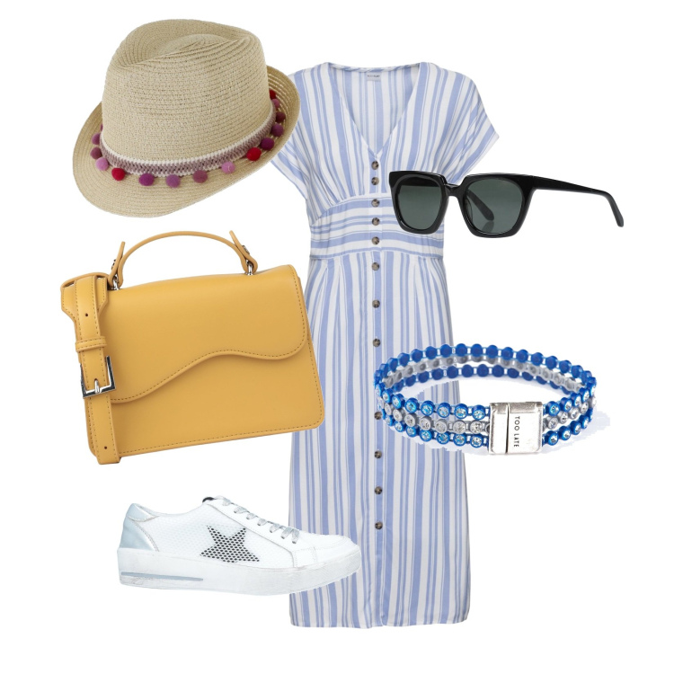 Outfit donna - Turista in città. Stile Casual per Tutti i giorni. Abbinamento con vestiti, sneakers, borse a mano, occhiali da sole, braccialetti, cappelli.