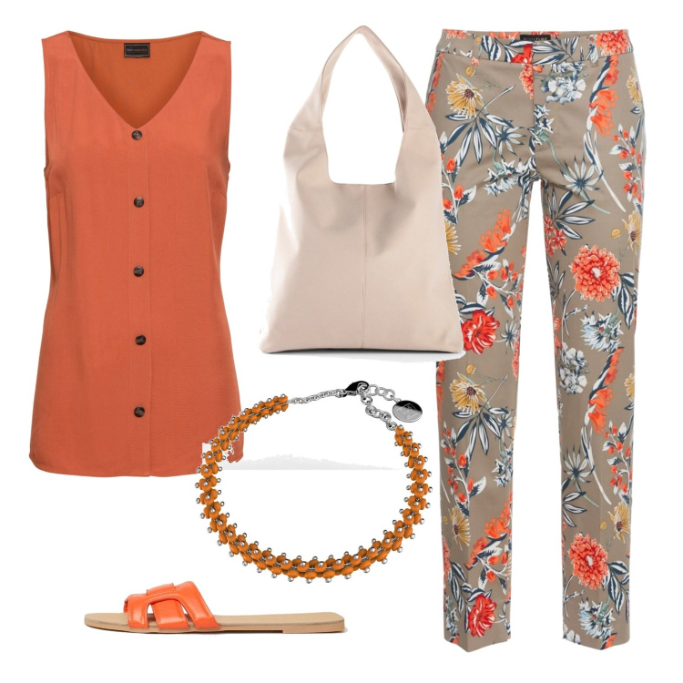 Outfit donna - Passeggiata primaverile. Stile Casual per Tutti i giorni. Abbinamento con pantaloni, top, shopping bag, braccialetti, ciabatte.