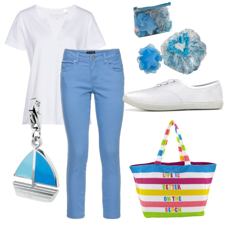 Outfit donna - Mini vacanza. Stile Casual per Tutti i giorni. Abbinamento con sneakers, pantaloni, t-shirt, ciondoli, shopping bag, pochette.