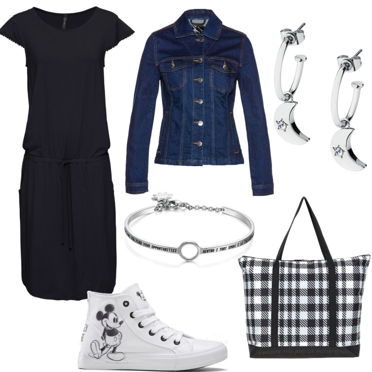 Outfit donna - Vestiti versione casual. Stile Casual per Tutti i giorni. Abbinamento con vestiti midi/longuette, sneakers alte, blazer, orecchini, braccialetti, borse tote.