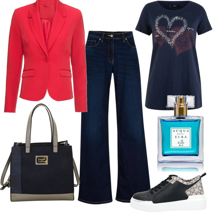 Outfit donna - Al lavoro in jeans. Stile Casual chic per Ufficio. Abbinamento con jeans, t-shirt, blazer, sneakers, borse a mano, profumi.