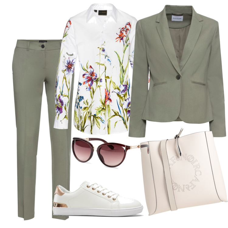 Outfit donna - Flower mania. Stile Casual chic per Tutti i giorni. Abbinamento con blazer, pantaloni, occhiali da sole, camicie, sneakers, borse a tracolla.