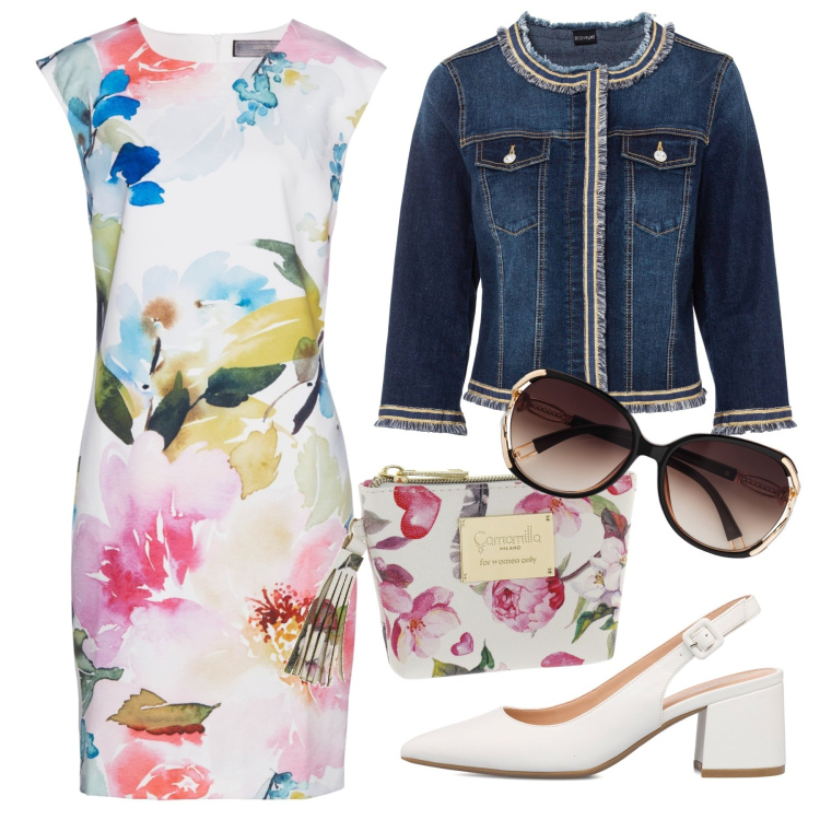 Outfit donna - Romance day. Stile Romantica per Serata fuori. Abbinamento con blazer, occhiali da sole, vestiti a tubino, décolleté, portamonete.