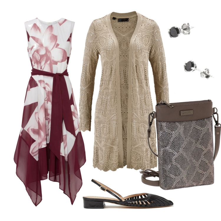 Outfit donna - Passeggiata non impegnativa. Stile Casual per Tutti i giorni. Abbinamento con cardigans, vestiti, orecchini, sandali, borse a mano.