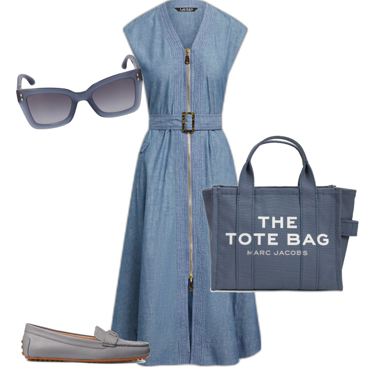 Outfit donna - Curvy casual. Stile Casual per Tutti i giorni. Abbinamento con mocassini, vestiti, borse tote, occhiali da sole.