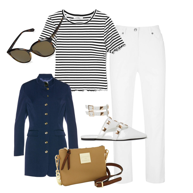Outfit donna - Classica con la scarpa glam. Stile Casual chic per Tutti i giorni. Abbinamento con pantaloni, blazer, t-shirt, ballerine, occhiali da sole, borse a tracolla.