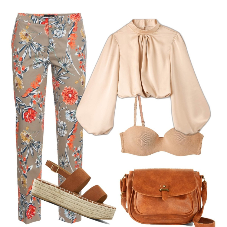 Outfit donna - Fiori di campo. Stile Casual chic per Tutti i giorni. Abbinamento con pantaloni, borse a tracolla, sandali, camicie, reggiseni.