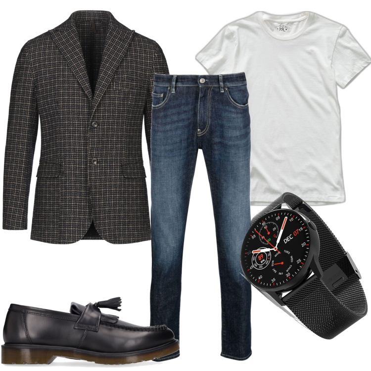Outfit uomo - Perfetto anche in T-shirt. Stile Trendy per Serata speciale. Abbinamento con giacche, orologi, jeans, t-shirt, scarpe stringate.