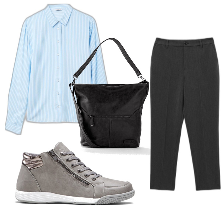 Outfit donna - Total look #1621504. Stile Basic per Tutti i giorni. Abbinamento con sneakers alte, borse a tracolla, pantaloni capri, camicie.