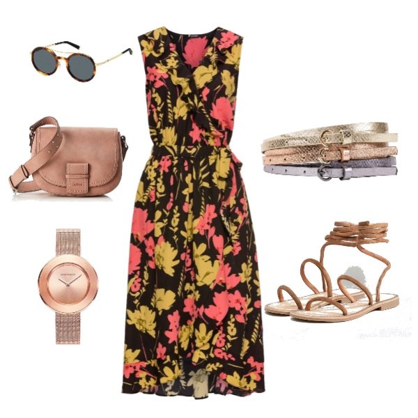 Outfit donna - Sofisticata anche di giorno. Stile Chic per Tutti i giorni. Abbinamento con cinture, vestito a portafoglio con volant e scollo nero, occhiali da sole, sandali collo aperto con cinturino suola piatta, orologio, borsa a secchiello bianco e rosa.