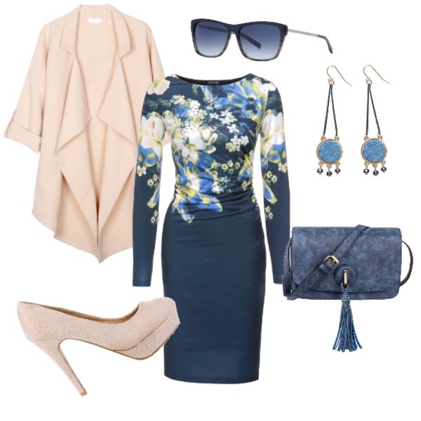 Outfit donna - Floreal chic. Stile Bon Ton per Tutti i giorni. Abbinamento con vestito fantasia floreale con scollo a maniche lunghe stretto jersey, borsa a tracolla sport blu, occhiali da sole montatura in plastica, giacca scollo a cascata beige, décolleté con plateau effetto scamosciato in pelle sintetica, orecchini.