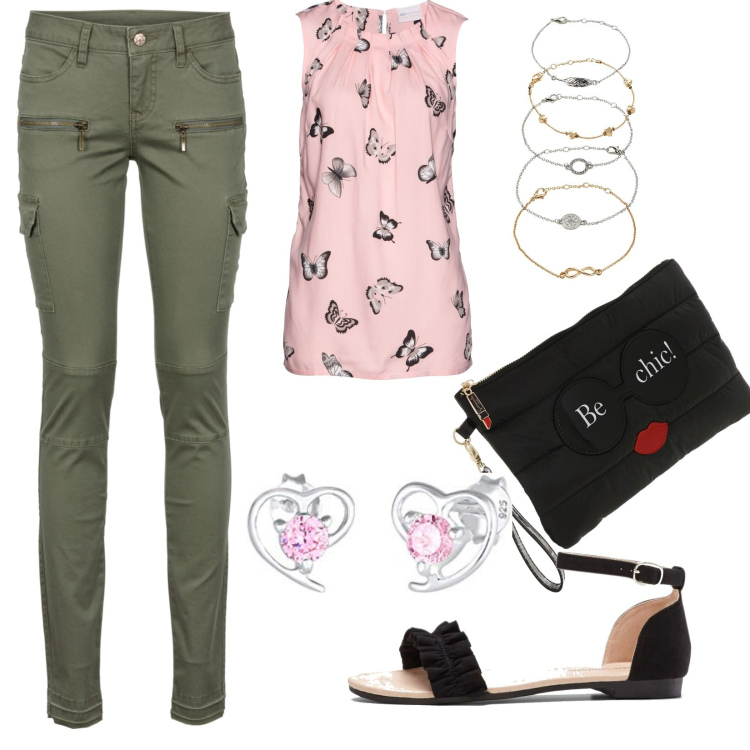Outfit donna - Passeggiata. Stile Casual per Serata fuori. Abbinamento con pantaloni cargo, braccialetti con ciondoli, top, sandali, orecchini, piumini.