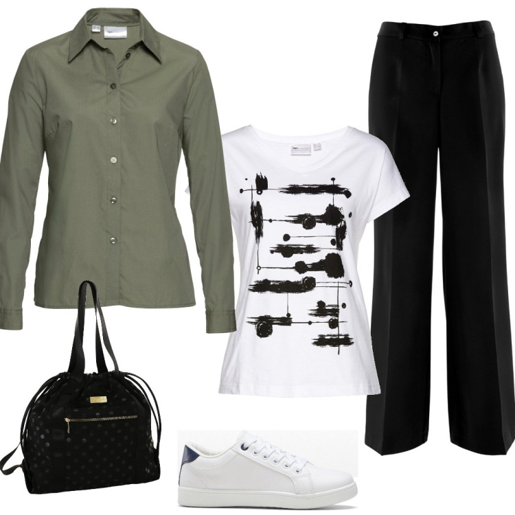 Outfit donna - Nero. Stile Casual chic per Tutti i giorni. Abbinamento con pantaloni, sneakers, t-shirt, camicie, zaini.