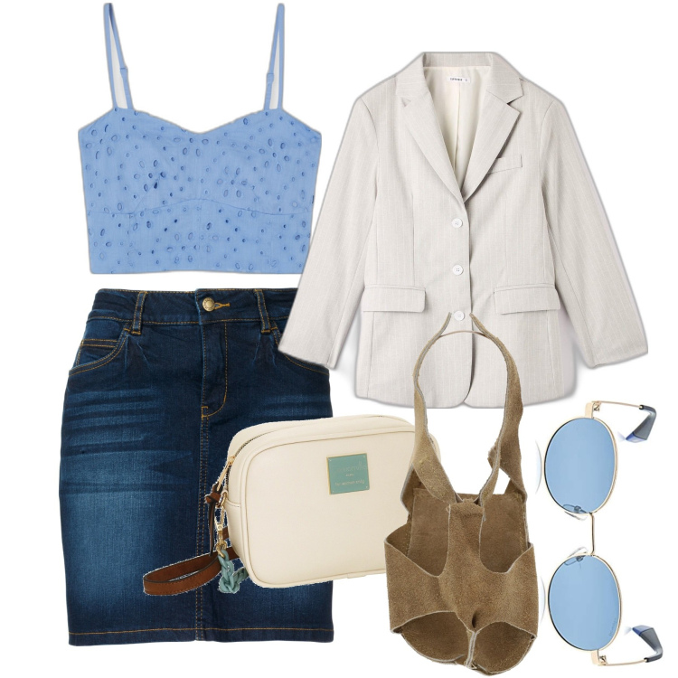 Outfit donna - In giro con le amiche. Stile Casual chic per Tutti i giorni. Abbinamento con gonne, giacche, top, sandali, occhiali da sole, borse a tracolla.