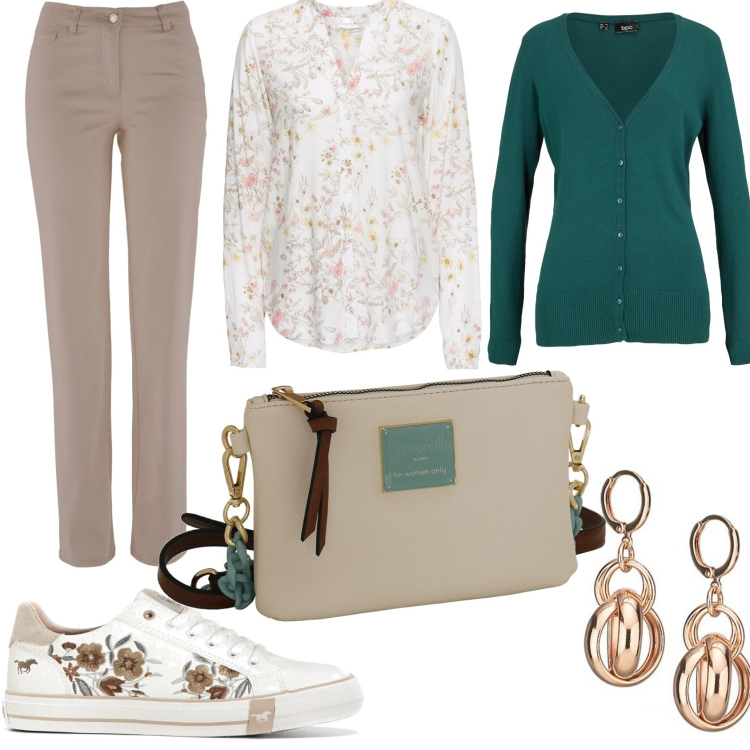 Outfit donna - Una borsa versatile. Stile Basic per Tutti i giorni. Abbinamento con sneakers, camicie, pantaloni, cardigans, orecchini, borse a tracolla.