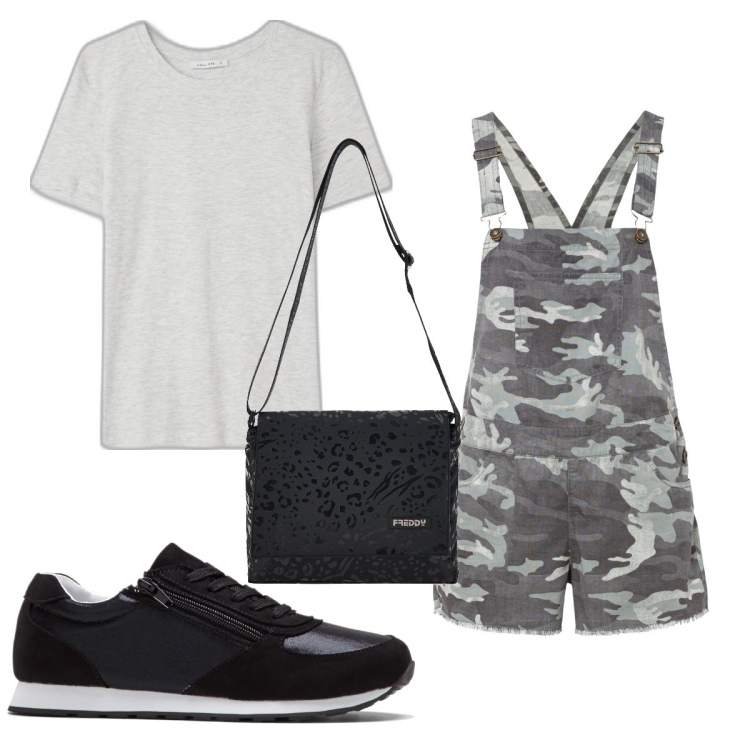 Outfit donna - Total look #1621728. Stile Military per Tutti i giorni. Abbinamento con sneakers, salopette, t-shirt, borse a tracolla.