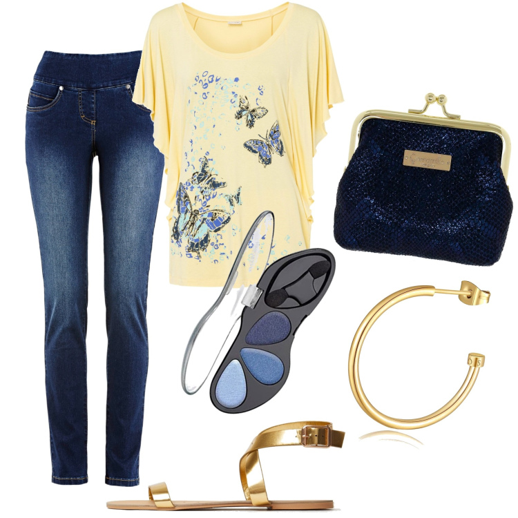Outfit donna - Ho le.... Farfalle. Stile Glamour per Tutti i giorni. Abbinamento con jeans, maglieria, orecchini, sandali, ombretti, portamonete.