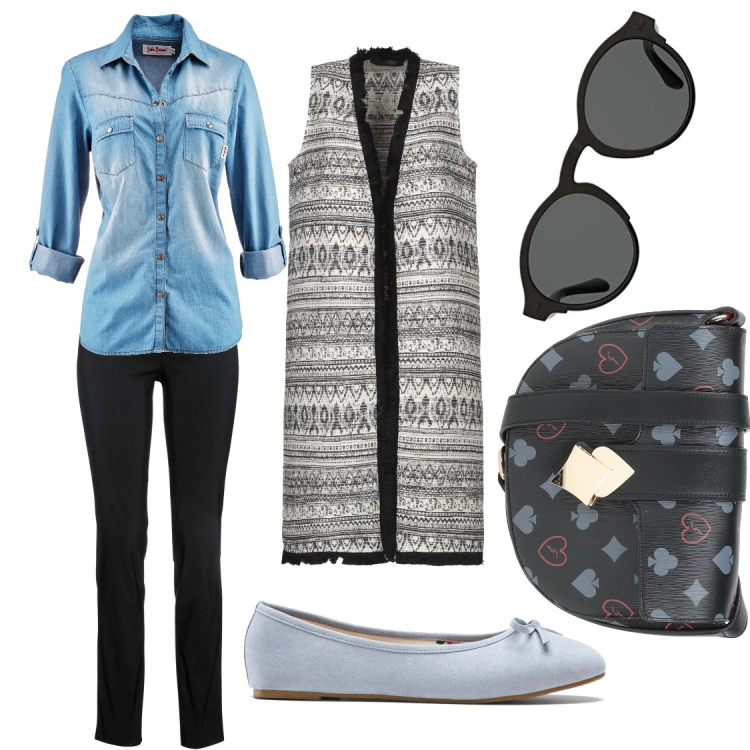 Outfit donna - Tipicamente da città. Stile Urban per Tutti i giorni. Abbinamento con camicie, pantaloni, ballerine, cappotti, borse a tracolla, occhiali da sole.