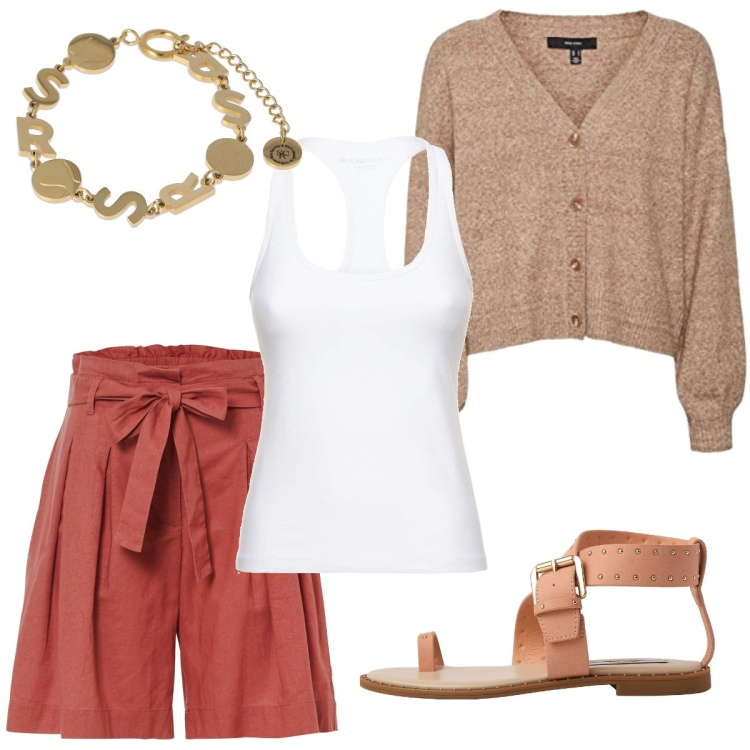 Outfit femme - Les soirs d été. Style Casual pour Soirée dehors. Assortir avec bermuda, débardeurs à bretelles, bracelets, gilets, sandales.