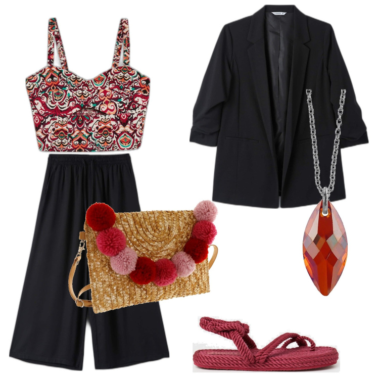Outfit donna - Easy to be. Stile Casual chic per Tutti i giorni. Abbinamento con pantaloni a palazzo, blazer, ciondoli, top, infradito, borse a mano.
