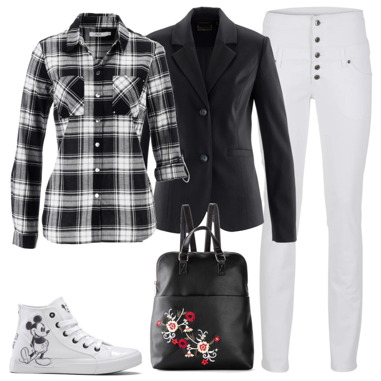 Outfit donna - La camicia a quadri e lo zaino fiorato. Stile Urban per Tutti i giorni. Abbinamento con camicie, pantaloni skinny, sneakers alte, zaini, blazer.