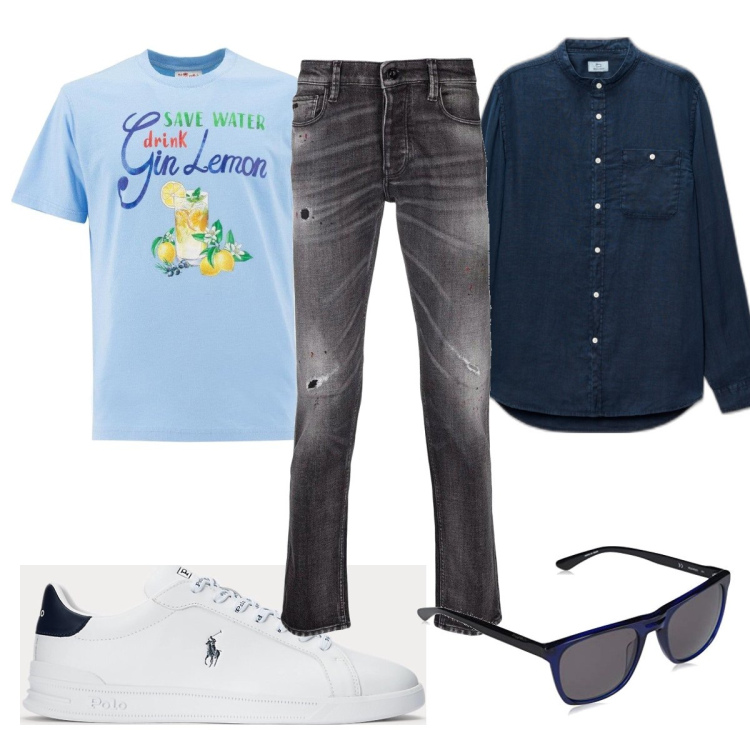 Outfit uomo - Total look #1622161. Stile Casual per Tutti i giorni. Abbinamento con jeans skinny, t-shirt, sneakers, camicie, occhiali da sole.