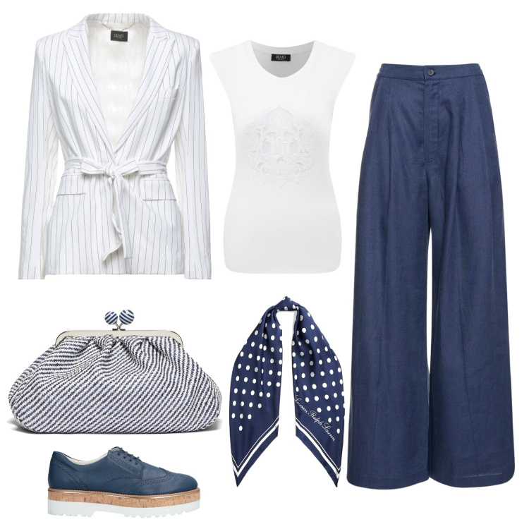 Outfit donna - Domenica ai Navigli. Stile Bon Ton per Tutti i giorni. Abbinamento con scarpe stringate, blazer, t-shirt, foulard, pantaloni, pochette.