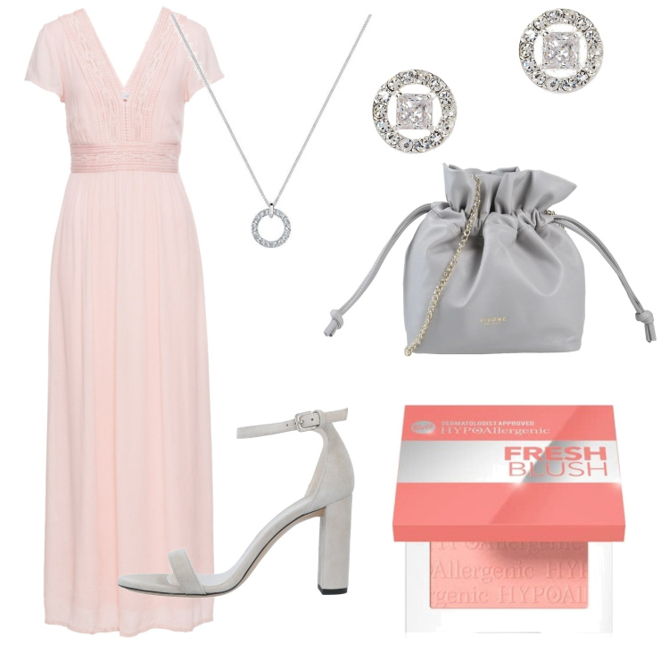 Outfit donna - Cerimonia. Stile Chic per Cerimonia. Abbinamento con vestiti lunghi, sandali in pelle, borse a tracolla, orecchini, blush, ciondoli.