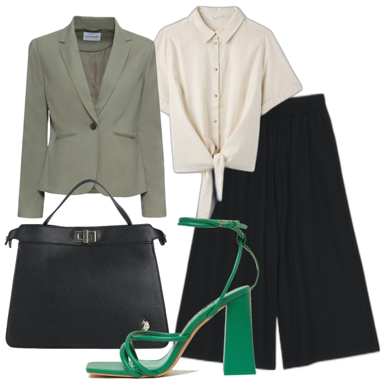 Outfit donna - La borsa Ralph Lauren. Stile Chic per Ufficio. Abbinamento con blazer, borse a mano, camicie, pantaloni capri, sandali in pelle.
