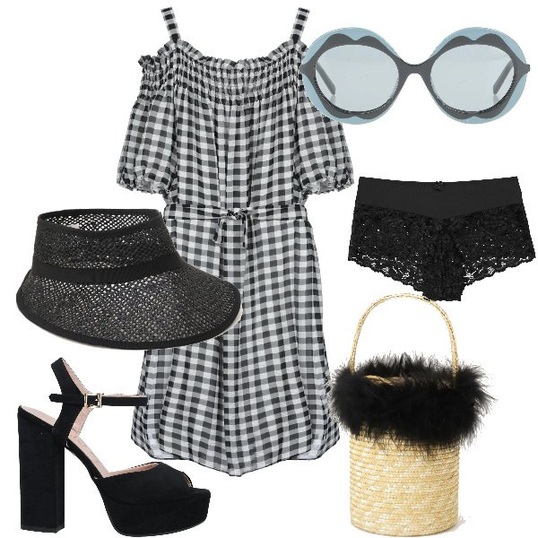 Outfit donna - Total look #1622247. Stile Bon Ton per Serata fuori. Abbinamento con culotte, vestiti corti, sandali in pelle, occhiali da sole, cappelli con visiera, borse a secchiello.