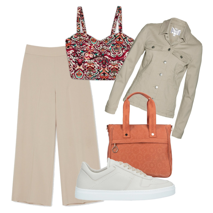 Outfit donna - Comoda in top. Stile Basic per Tutti i giorni. Abbinamento con blazer, sneakers, borse a mano, pantaloni capri, top.