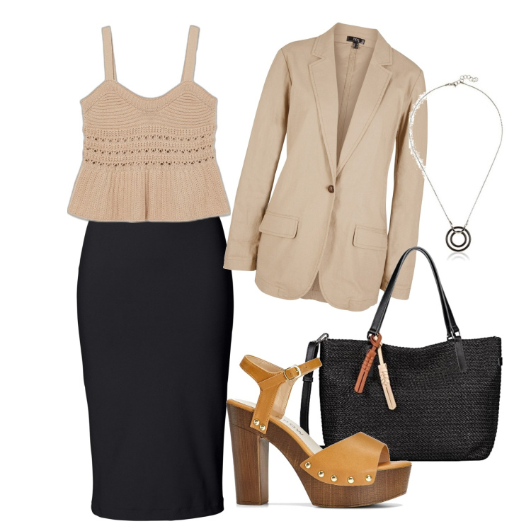 Outfit donna - Qualcosa di molto femminile. Stile Chic per Serata fuori. Abbinamento con gonne longuette, sandali col tacco, blazer, top, collane, borse a tracolla.