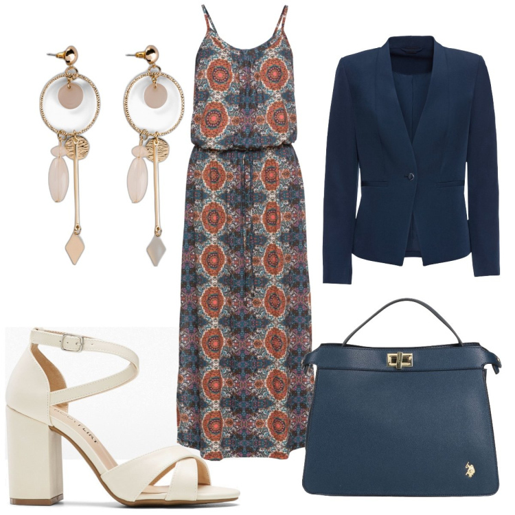 Outfit donna - Total look #1622332. Stile Trendy per Cerimonia. Abbinamento con vestiti lunghi, blazer, orecchini, sandali col tacco, borse a mano.
