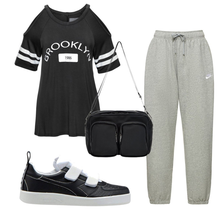 Outfit donna - Total look #1622391. Stile Basic per Sport. Abbinamento con maglieria, sneakers, borse a tracolla, pantaloni.