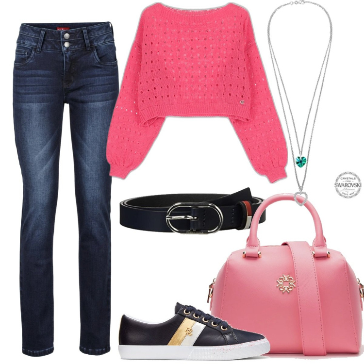 Outfit donna - La borsa perfetta. Stile Sporty chic per Tutti i giorni. Abbinamento con jeans, borse a mano, maglieria, sneakers, cinture, ciondoli.