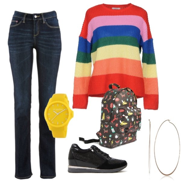 Outfit donna - Urban #6571. Stile Urban per Scuola/Università. Abbinamento con jeans dritti, pullover fantasia multicolore lavorato a maglia collo tondo a maniche lunghe, sneakers, orologio analogico con cinturino giallo, zaino con manico e stampa effetto scamosciato con zip e bretelle, orecchini oro e rosso.