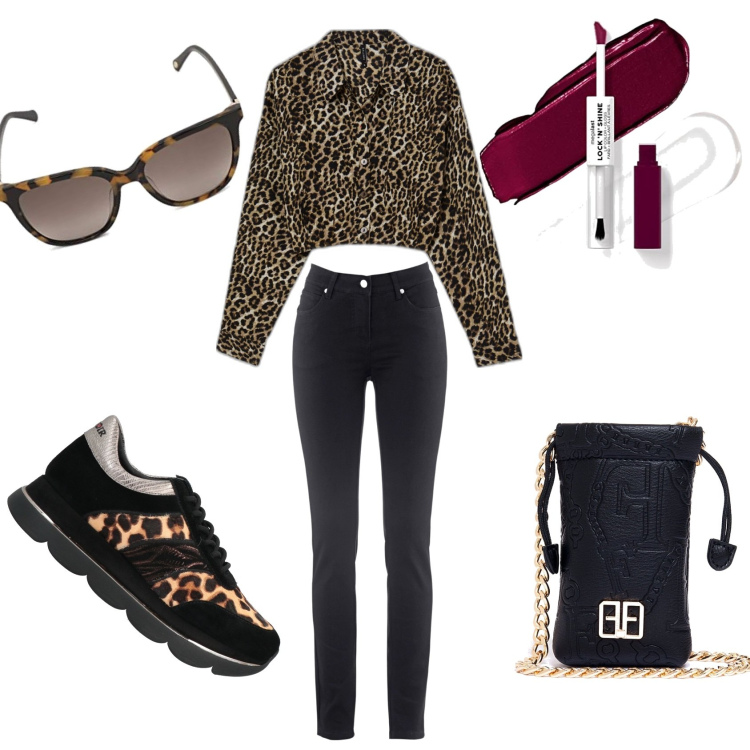 Outfit donna - Animalier. Stile Trendy per Tutti i giorni. Abbinamento con jeans dritti, sneakers, borse a mano, camicie, occhiali da sole, gloss.