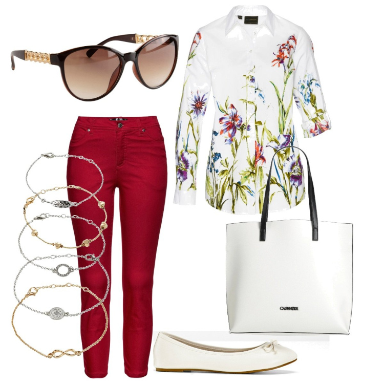 Outfit donna - La camicia a fiori. Stile Bon Ton per Tutti i giorni. Abbinamento con pantaloni, ballerine, braccialetti con ciondoli, camicie, occhiali da sole, borse a mano.